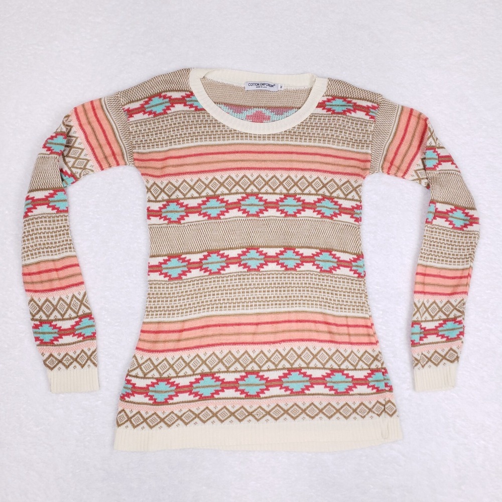 Cotton Emporium Sweater‎ Southwest Print M Beige Pink Cozy Boho Retro Knit